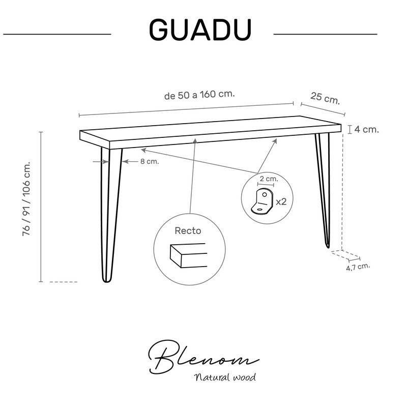 BLENOM Mesa consola recibidor o mesa de entrada de madera maciza sostenible  Guadu c/Recto 70x25x76cm Nogal WN
